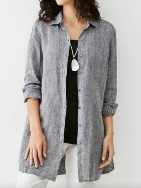 J. Jill Long Sleeve Grey 100% Linen Button Down Shirt Tunic